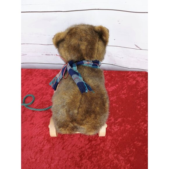 Vintage 1986‎ Applause Brown Plush Teddy Bear Wooden Wheels Pull Toy - Picture 4 of 6